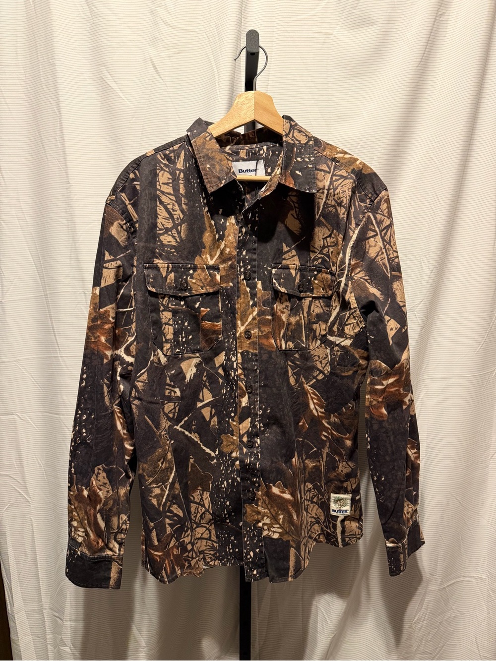 Butter Goods Waxed Cotton Washed Camo Button-Up Shirt Size Large Relaxed Fit